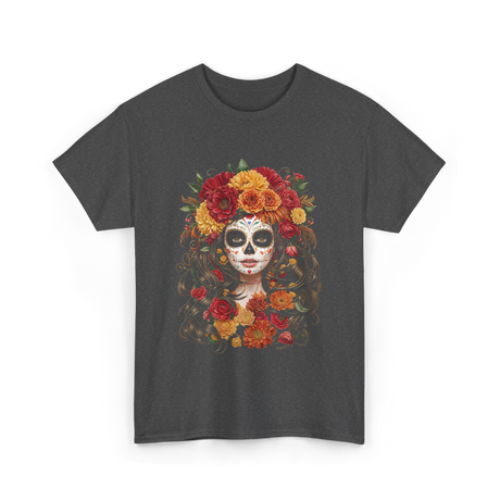 Sugar Skull Floral Art Sugar Skull T-Shirt - Dark Heather