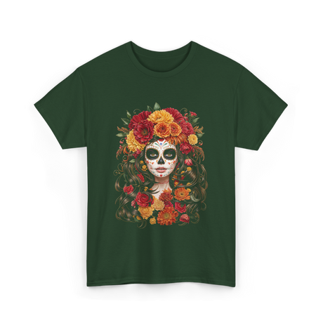 Sugar Skull Floral Art Sugar Skull T-Shirt - Forest Green