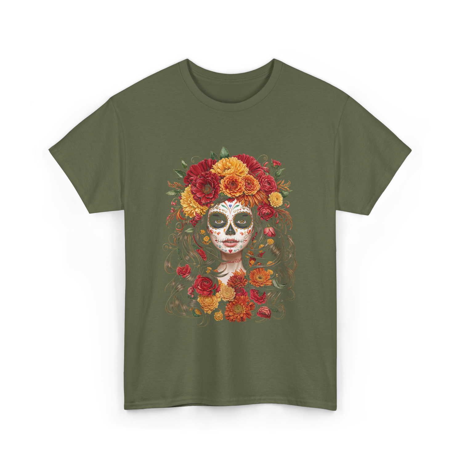 Sugar Skull Floral Art Sugar Skull T-Shirt - Military Green