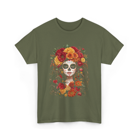 Sugar Skull Floral Art Sugar Skull T-Shirt - Military Green