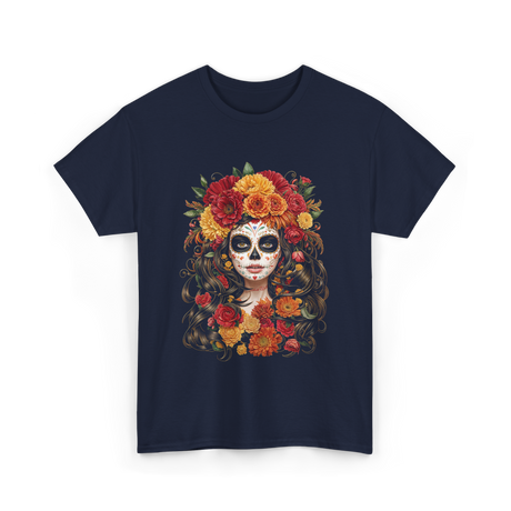 Sugar Skull Floral Art Sugar Skull T-Shirt - Navy