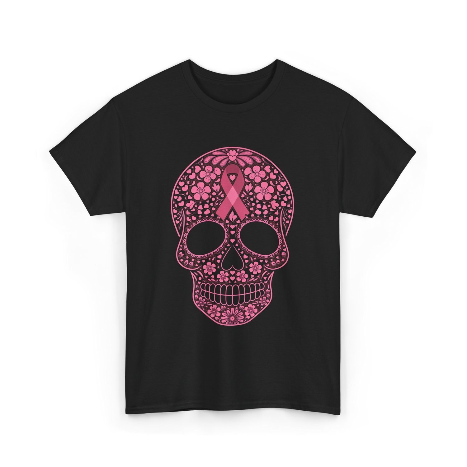 Sugar Skull Pink Ribbon Awareness T-Shirt - Black