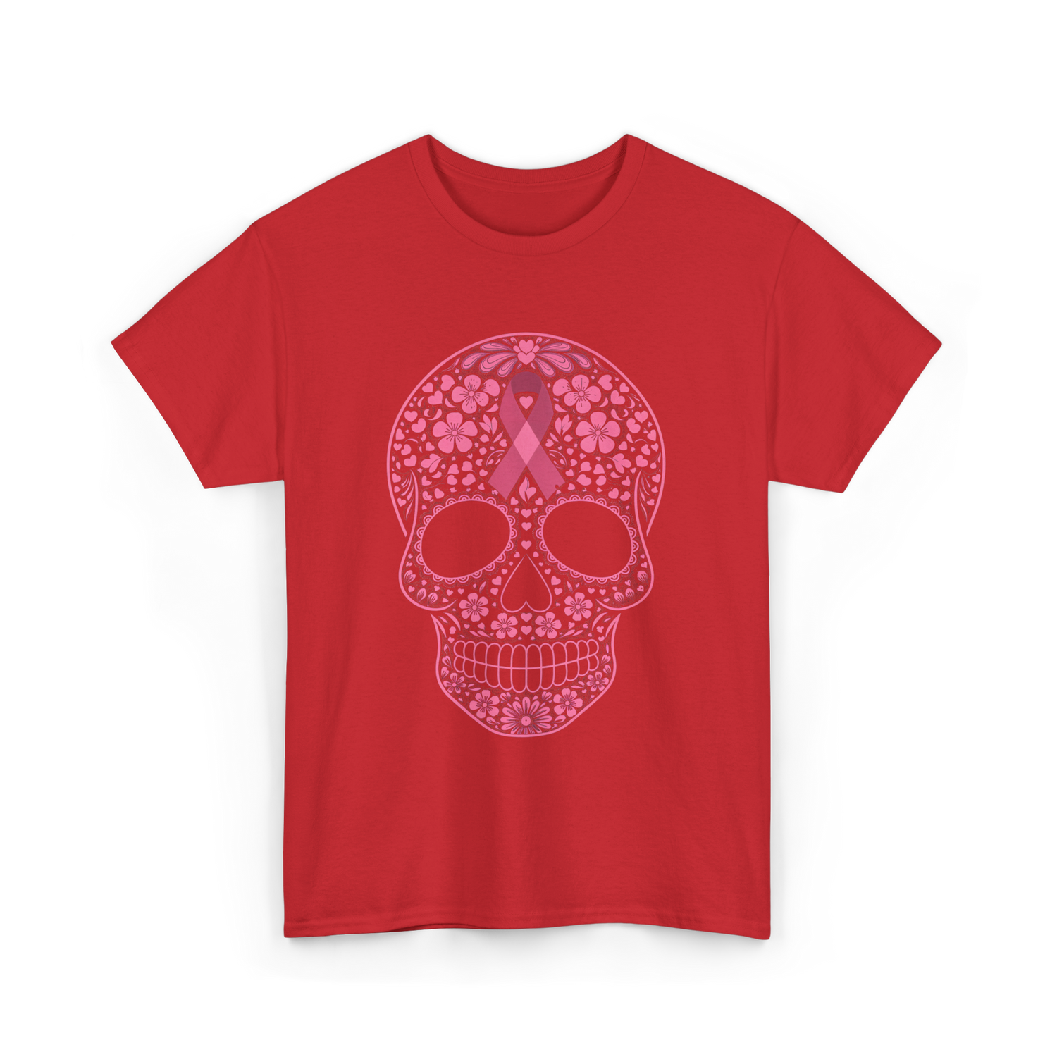 Sugar Skull Pink Ribbon Awareness T-Shirt - Red