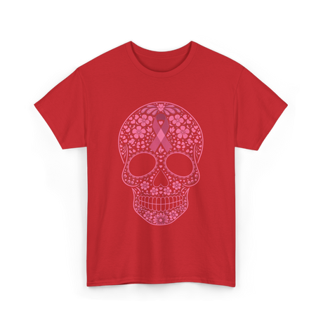 Sugar Skull Pink Ribbon Awareness T-Shirt - Red