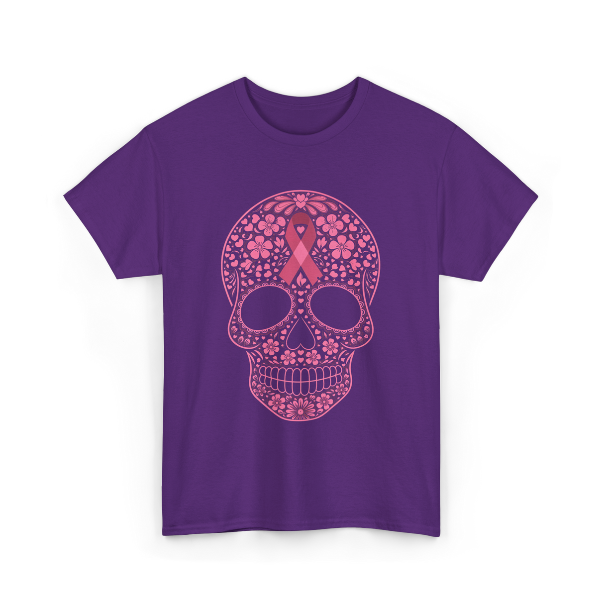 Sugar Skull Pink Ribbon Awareness T-Shirt - Purple