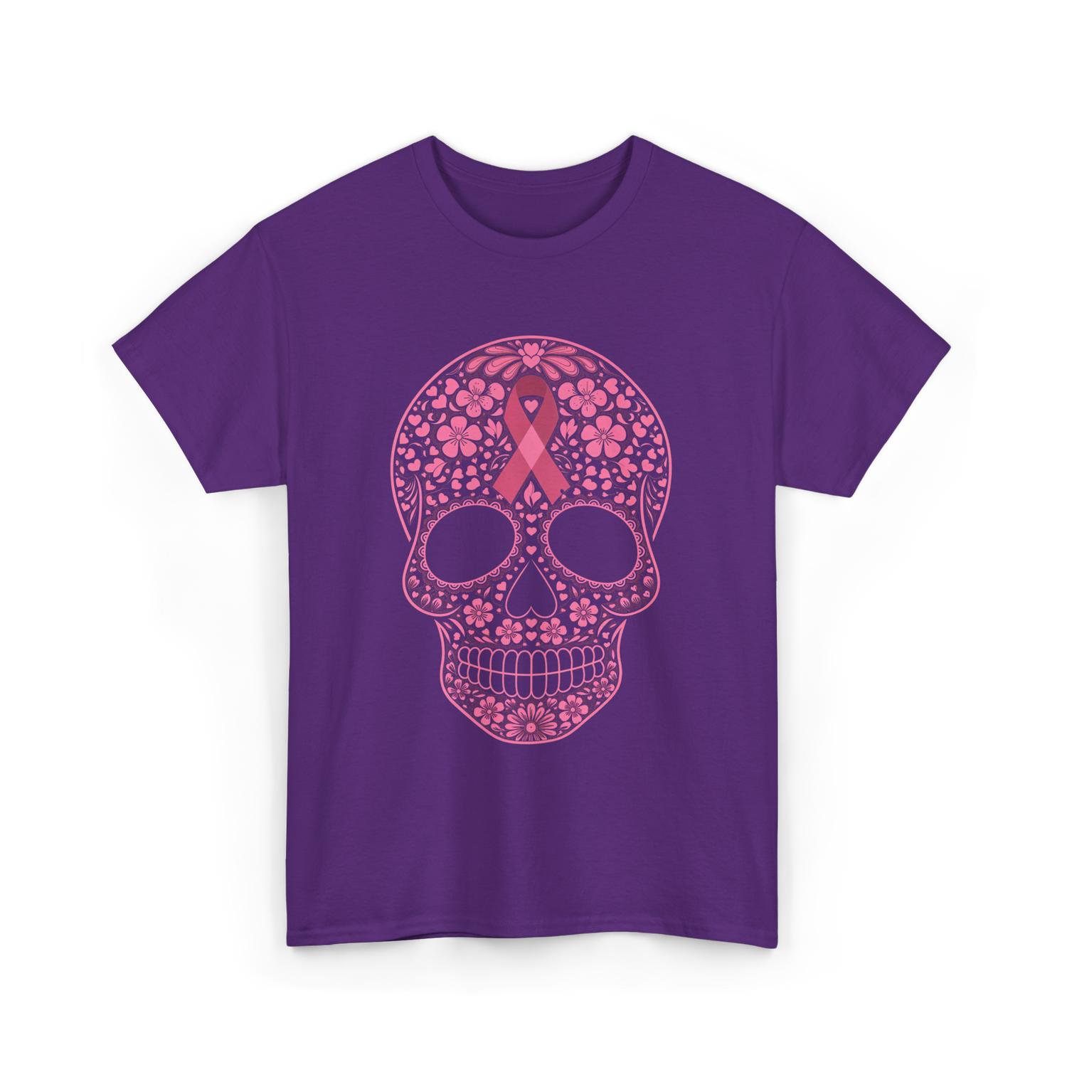 Sugar Skull Pink Ribbon Awareness T-Shirt - Purple