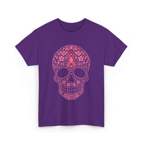 Sugar Skull Pink Ribbon Awareness T-Shirt - Purple