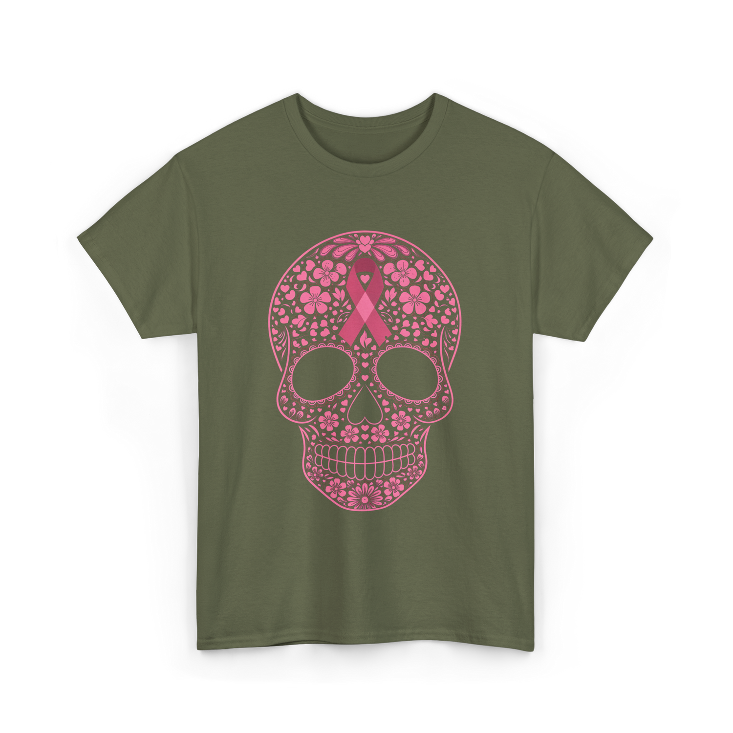 Sugar Skull Pink Ribbon Awareness T-Shirt - Military Green