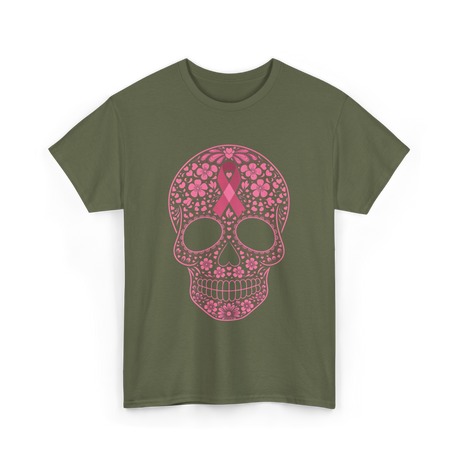 Sugar Skull Pink Ribbon Awareness T-Shirt - Military Green