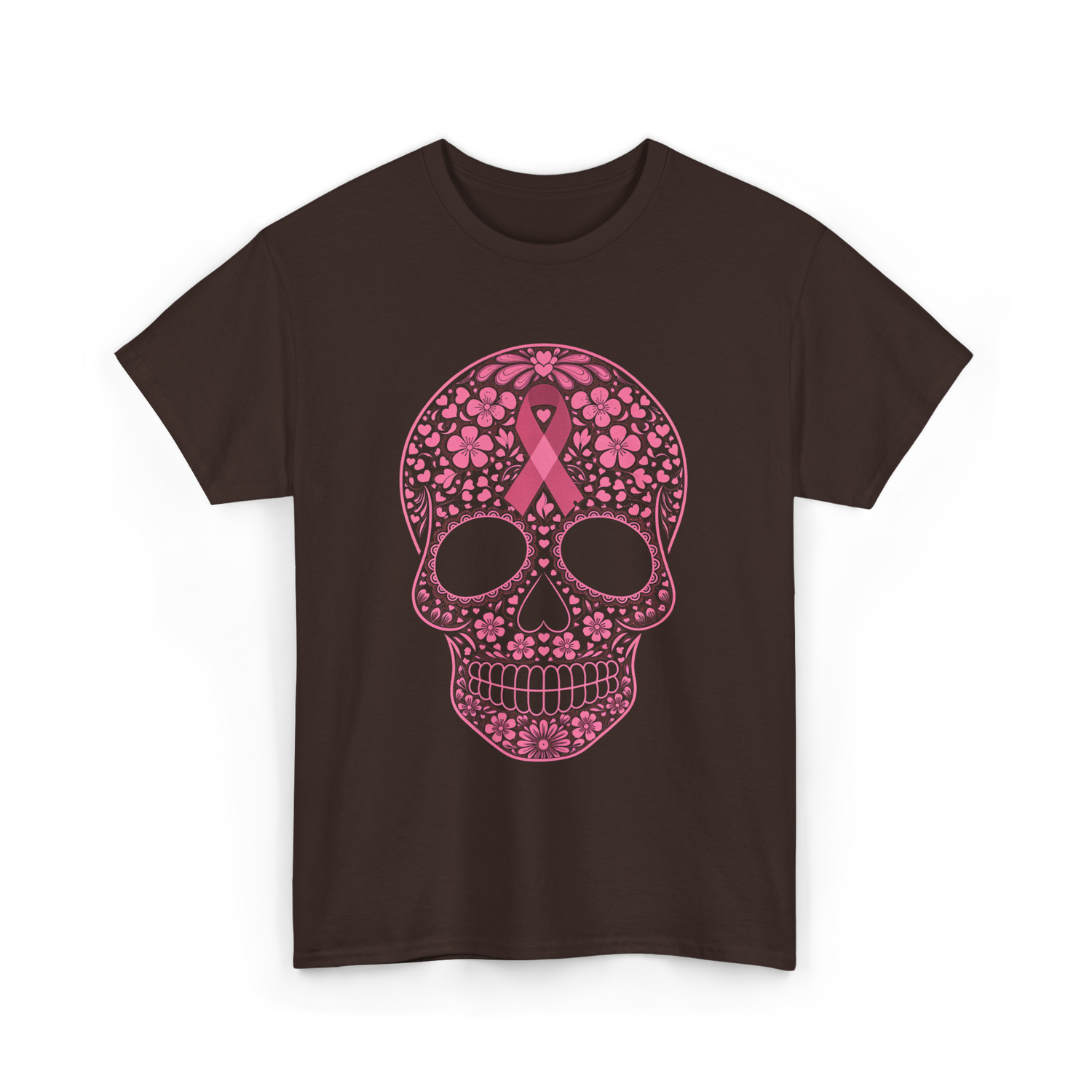 Sugar Skull Pink Ribbon Awareness T-Shirt - Dark Chocolate