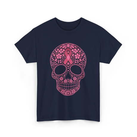 Sugar Skull Pink Ribbon Awareness T-Shirt - Navy