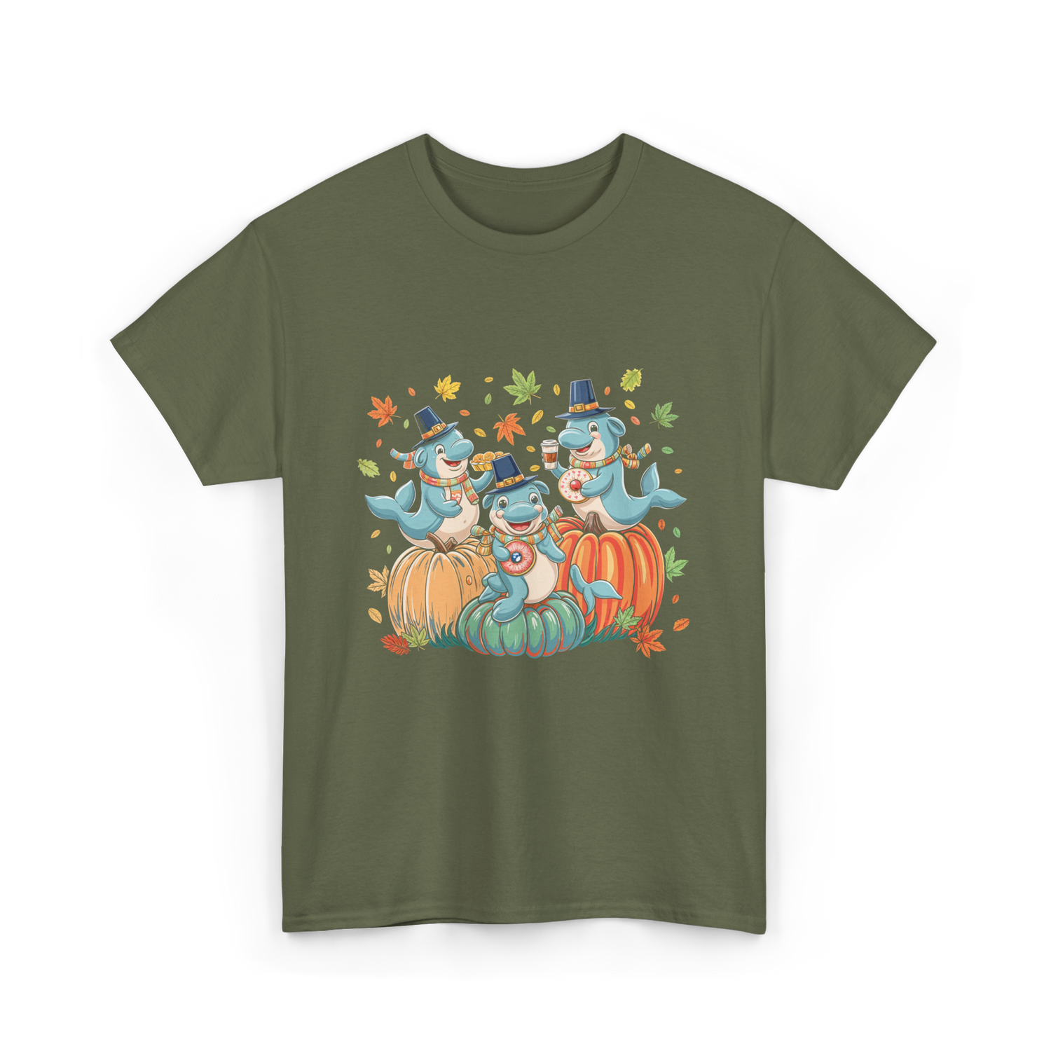 Thanksgiving Manatee Pumpkins Fall T-Shirt - Military Green