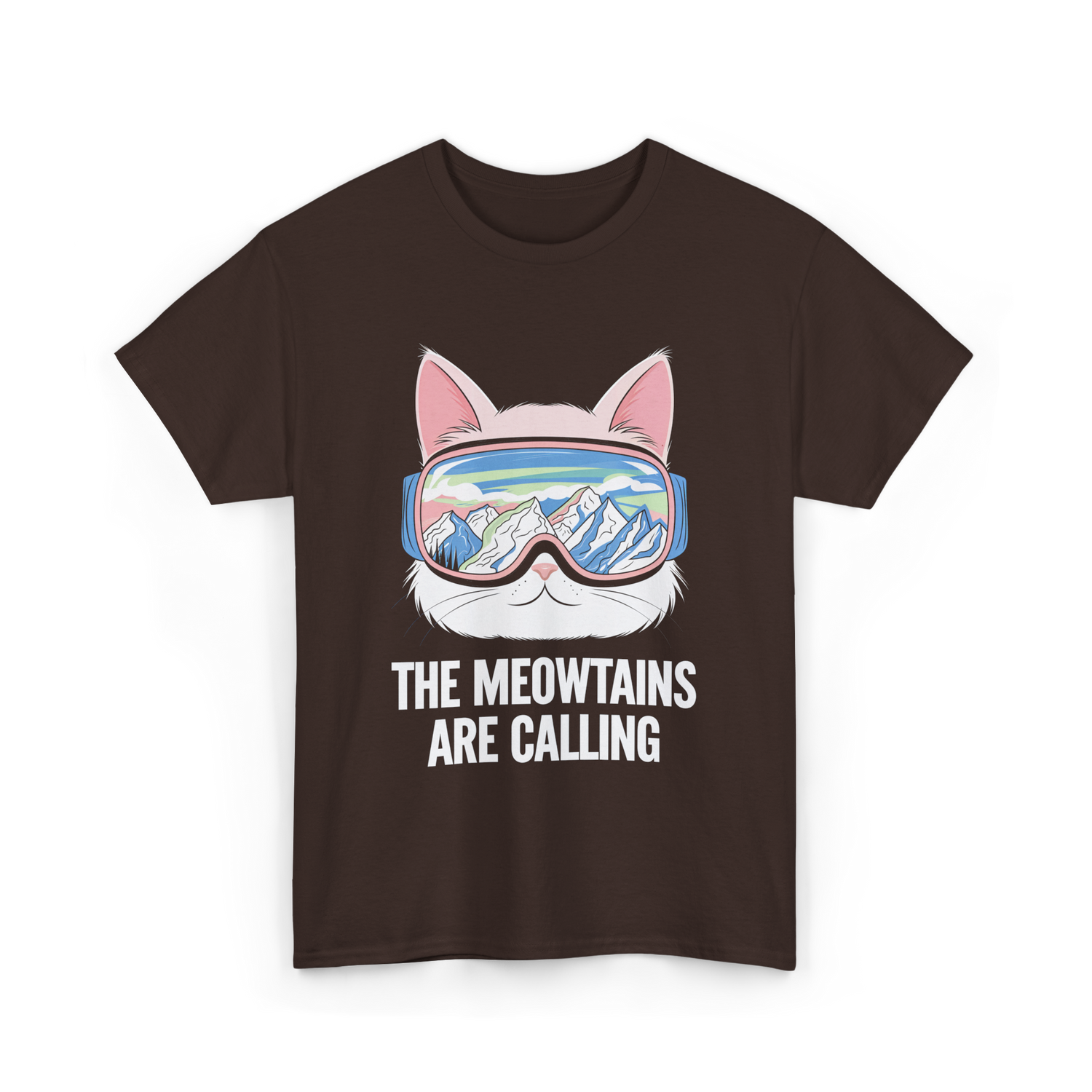 The Meowtains Are Calling Skiing Snowboarding T-Shirt - Dark Chocolate