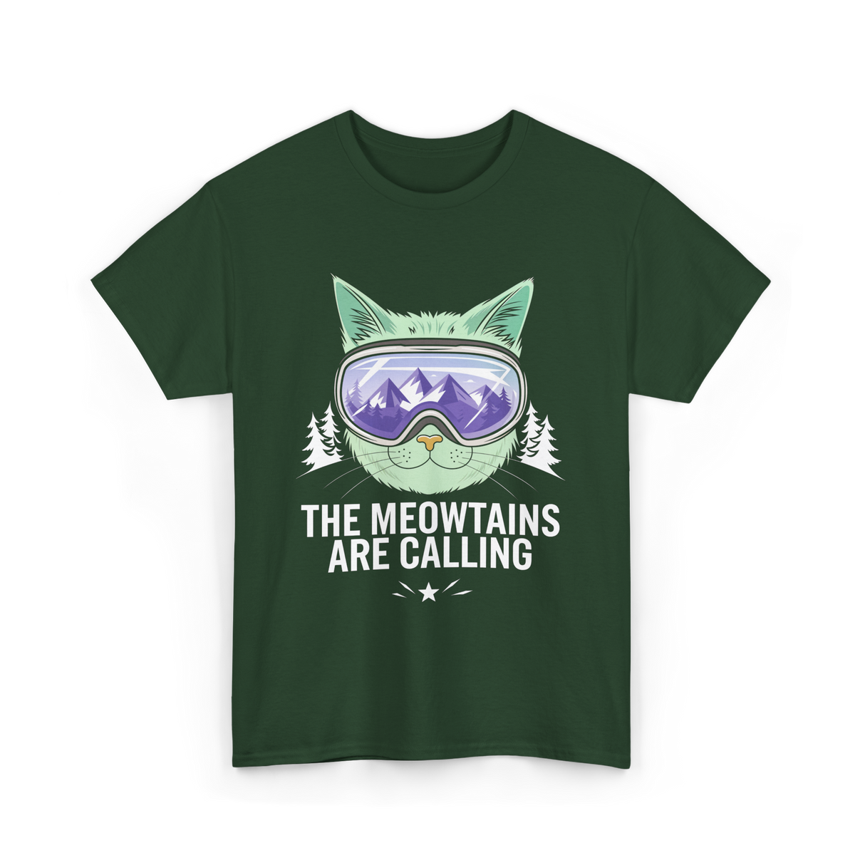 The Meowtains Are Calling Snowboard T-Shirt - Forest Green