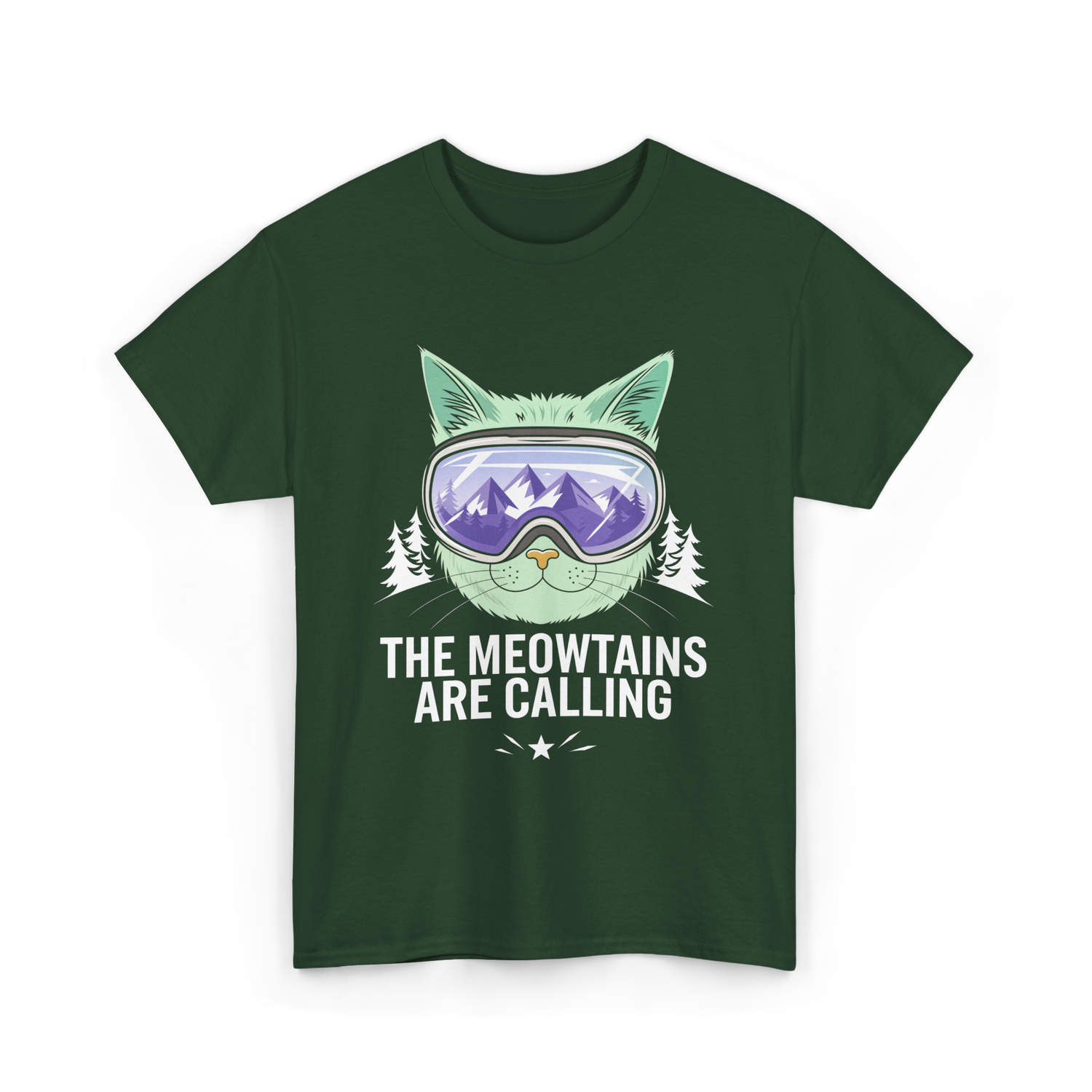 The Meowtains Are Calling Snowboard T-Shirt - Forest Green