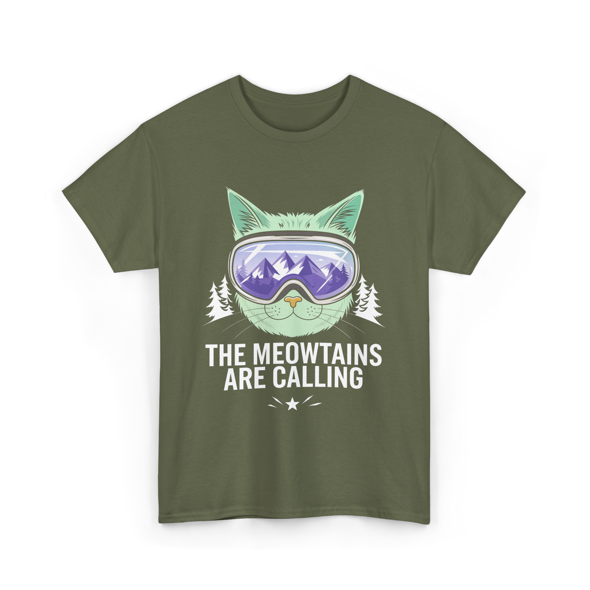 The Meowtains Are Calling Snowboard T-Shirt - Military Green