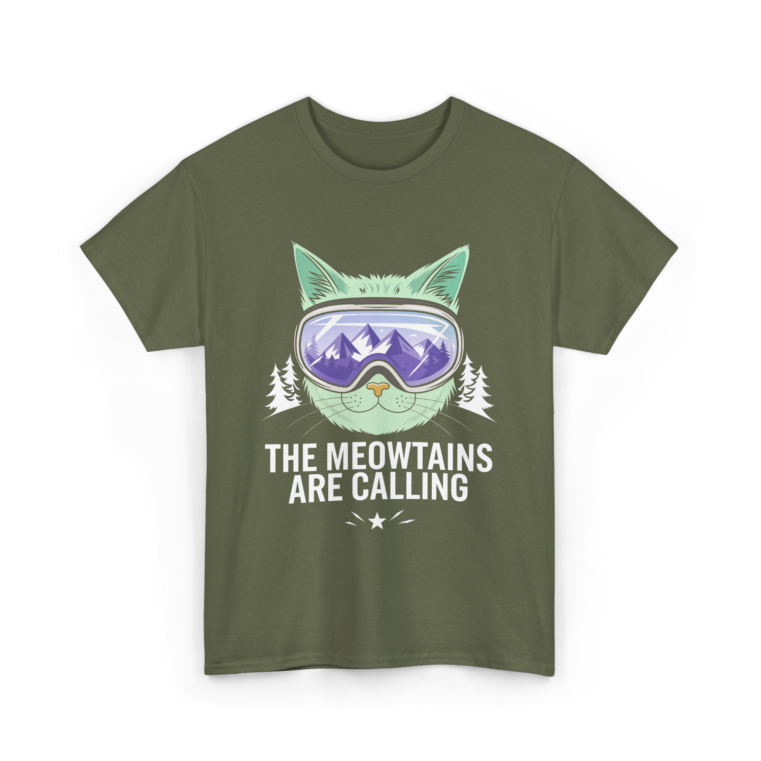 The Meowtains Are Calling Snowboard T-Shirt - Military Green