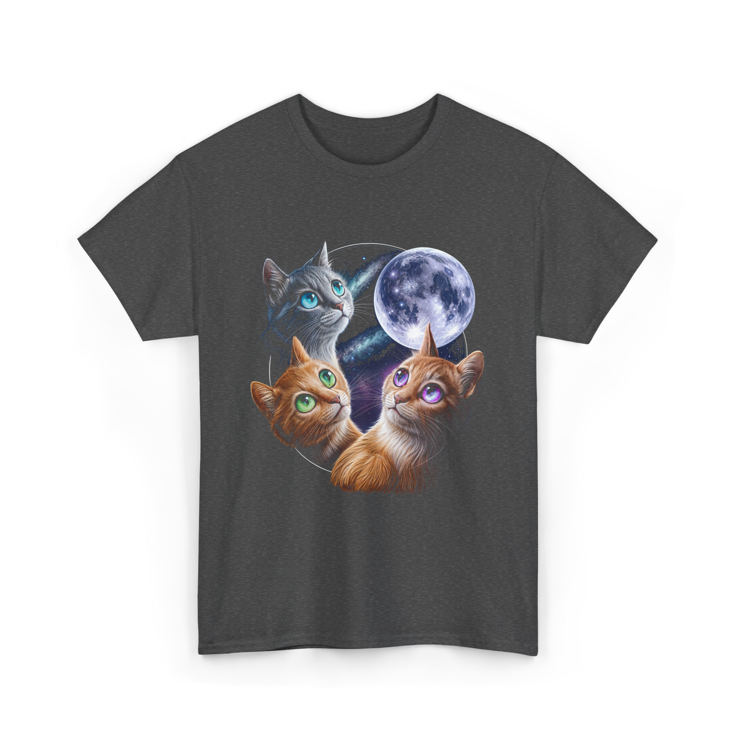 Three Cats Moon Cat T-Shirt - Dark Heather