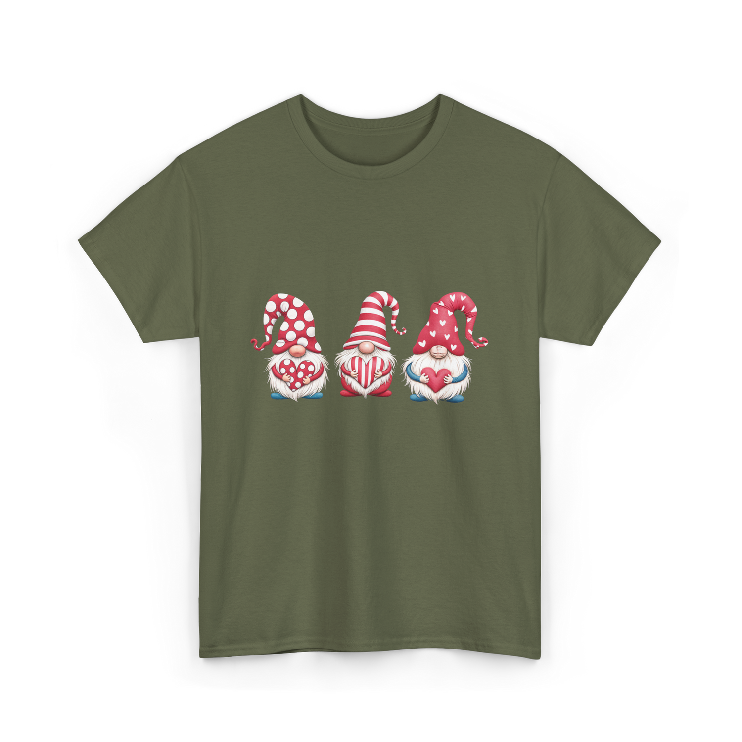 Three Gnomes Holding Heart Gnomes T-Shirt - Military Green