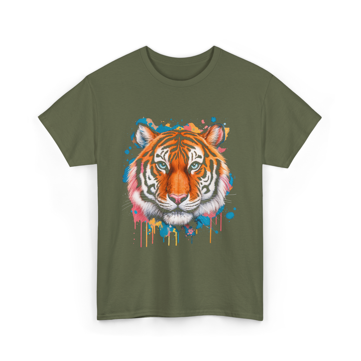 Tiger Artwork Colorful Animal Art T-Shirt - Military Green