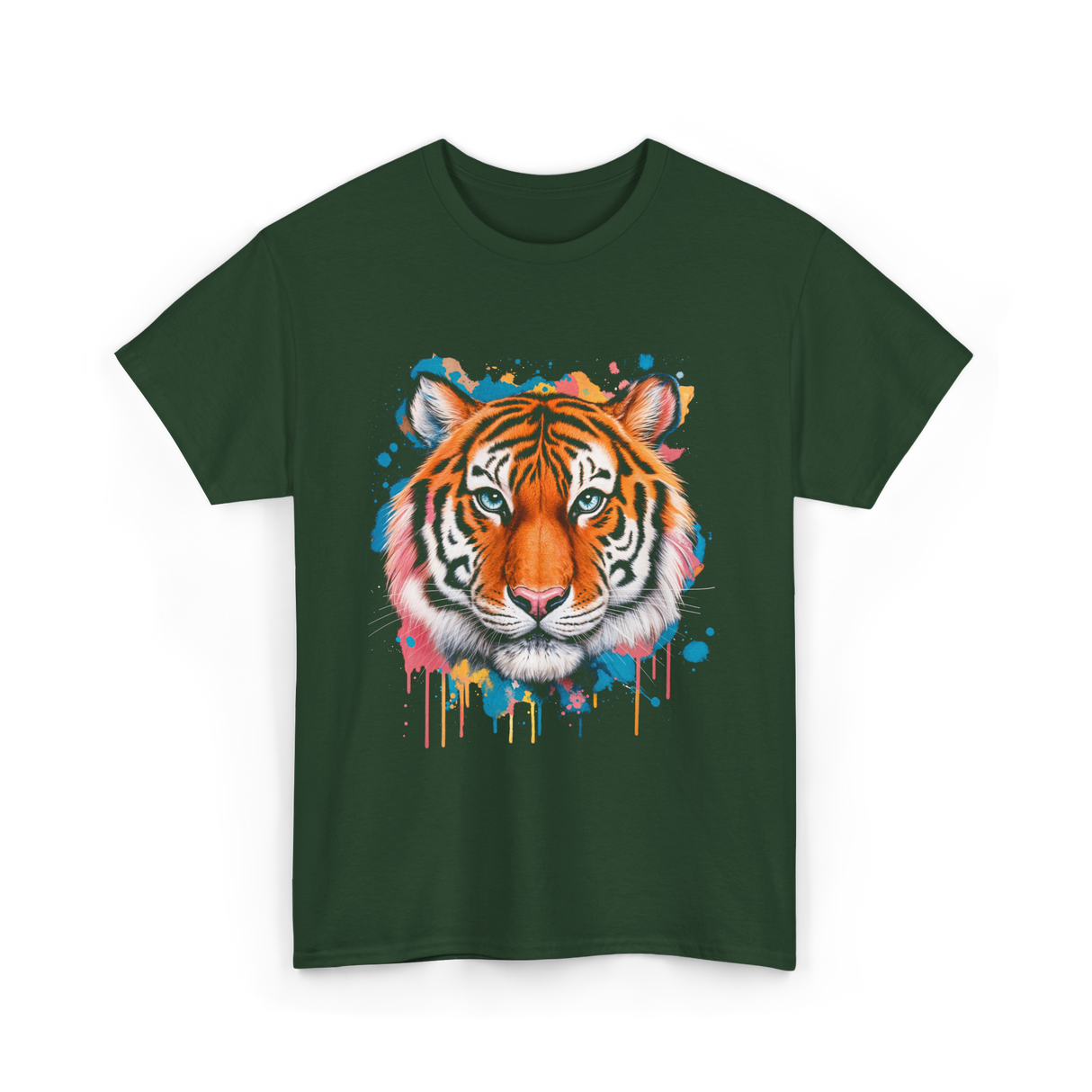 Tiger Artwork Colorful Animal Art T-Shirt - Forest Green
