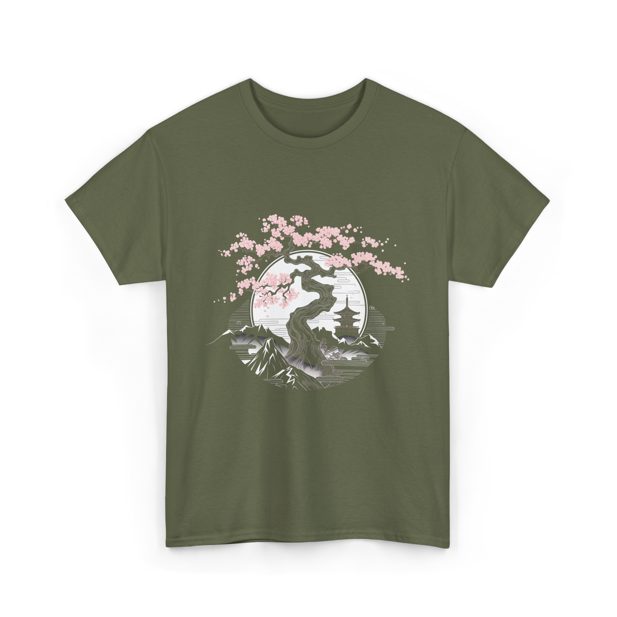 Tree Landscape Cherry Blossom T-Shirt - Military Green