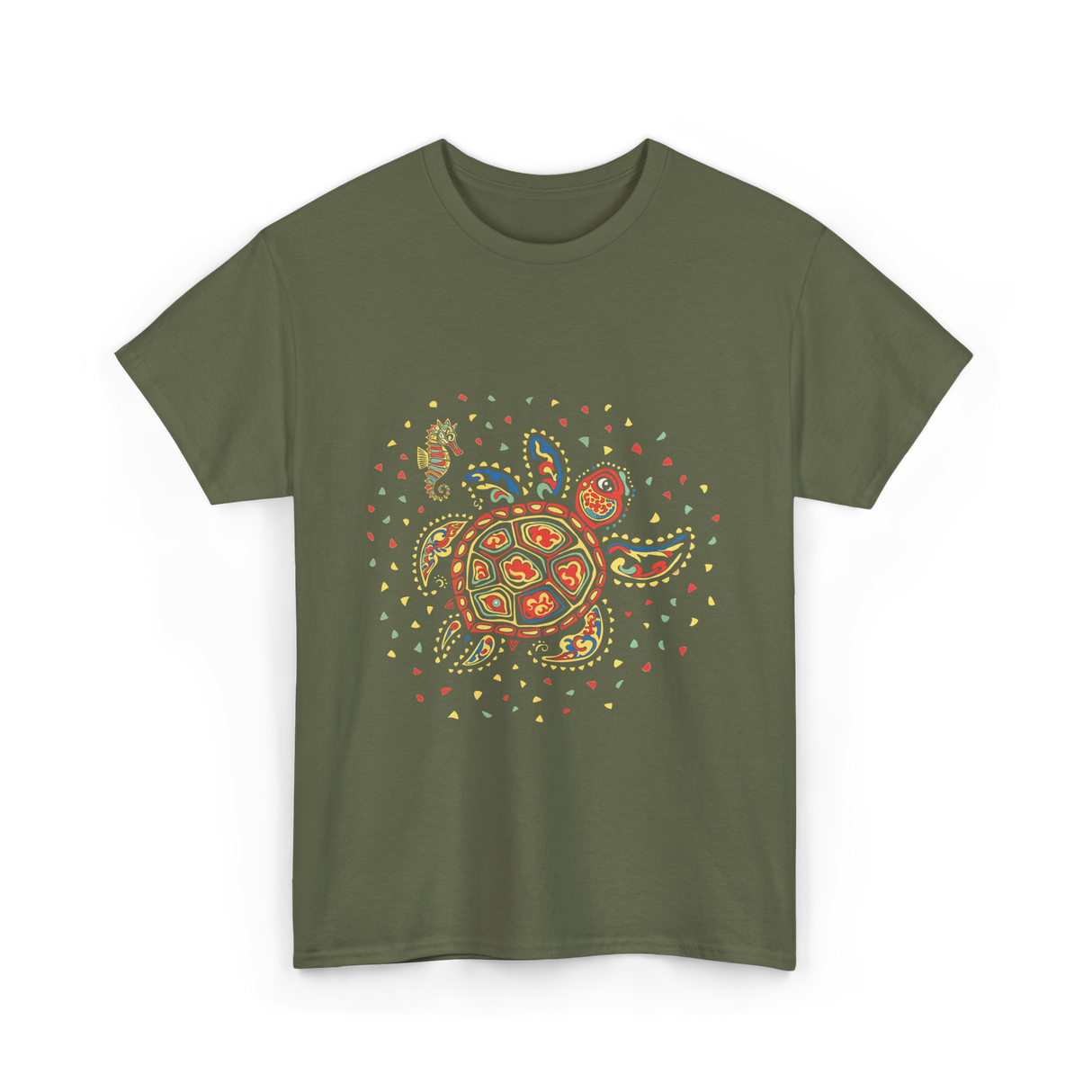 Turtle Mola Artwork Kuna Tribe T-Shirt - Military Green