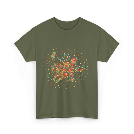 Turtle Mola Artwork Kuna Tribe T-Shirt - Military Green