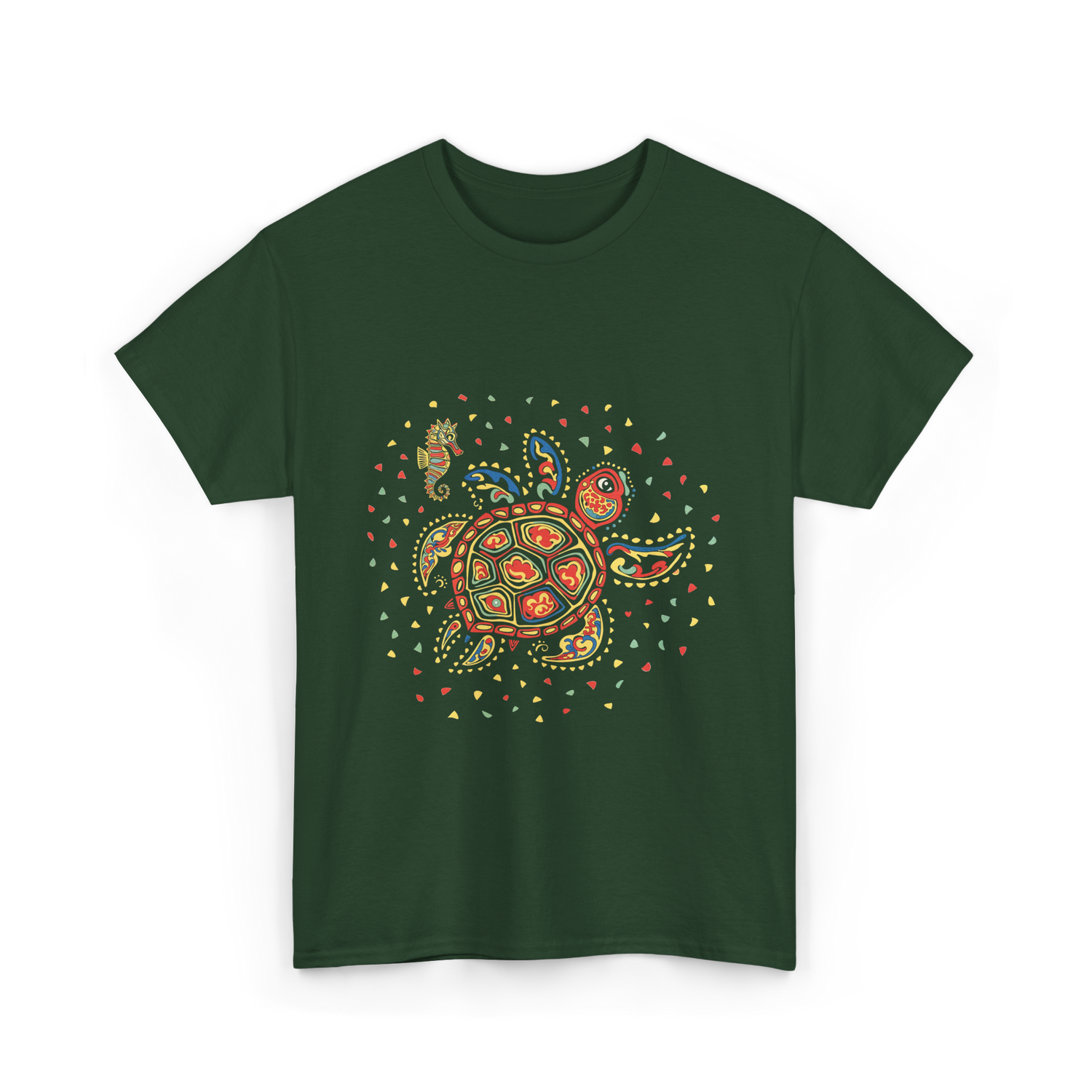 Turtle Mola Artwork Kuna Tribe T-Shirt - Forest Green
