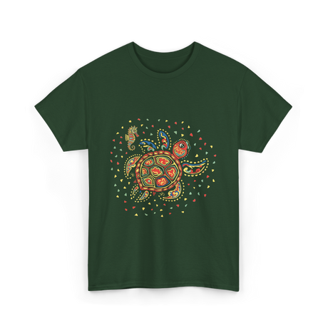 Turtle Mola Artwork Kuna Tribe T-Shirt - Forest Green