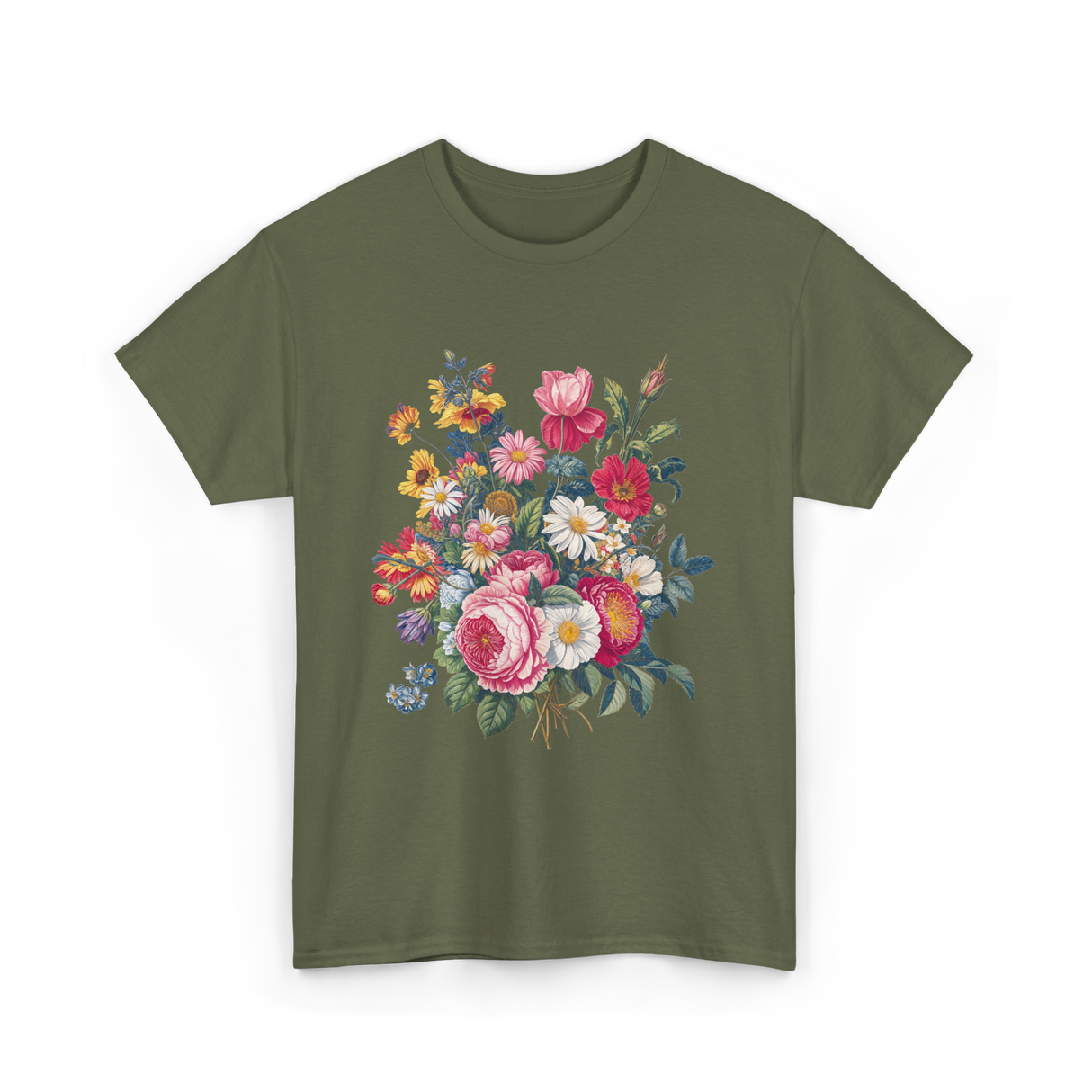 Vintage Floral Bouquet Gardening T-Shirt - Military Green