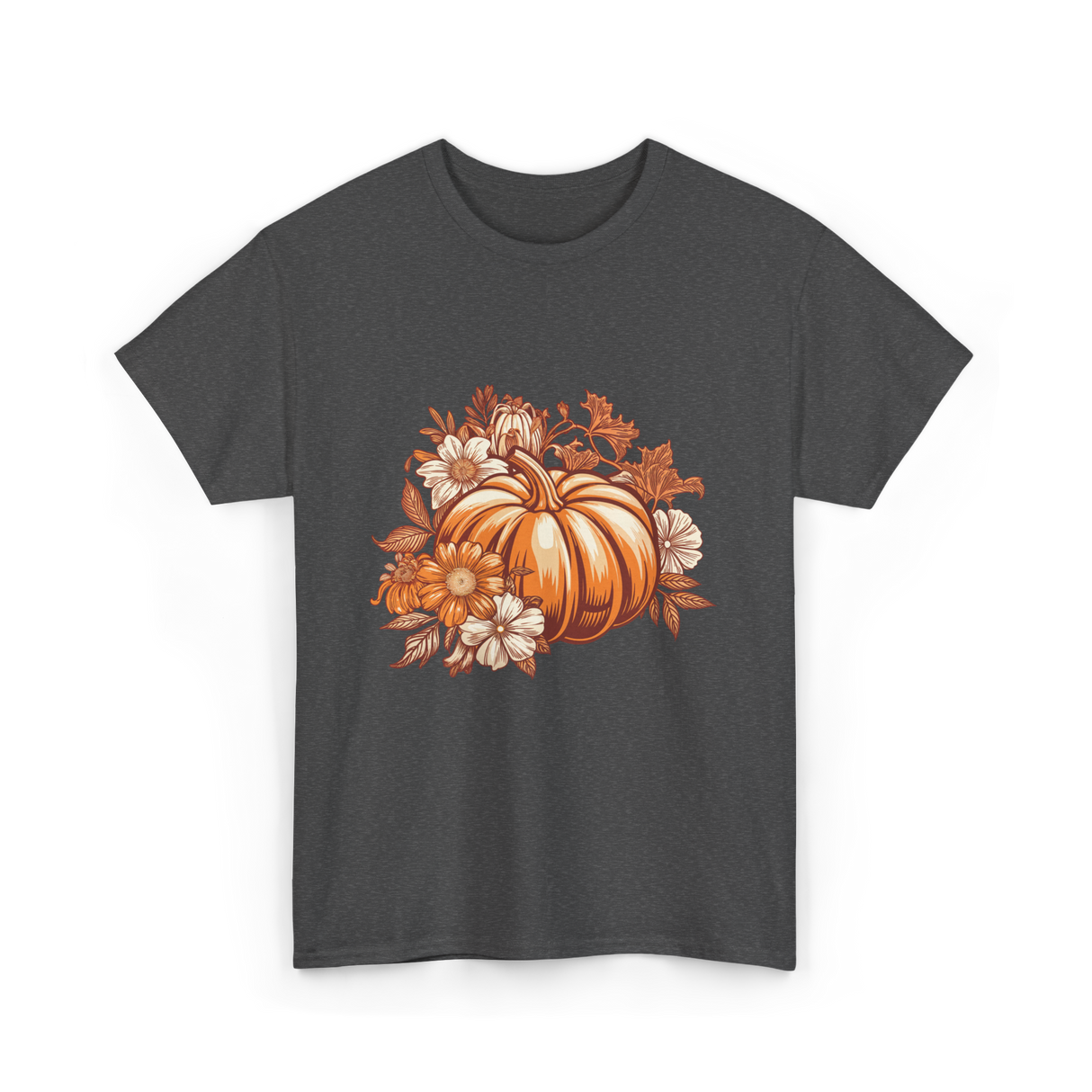 Vintage Pumpkin Floral Autumn T-Shirt - Dark Heather