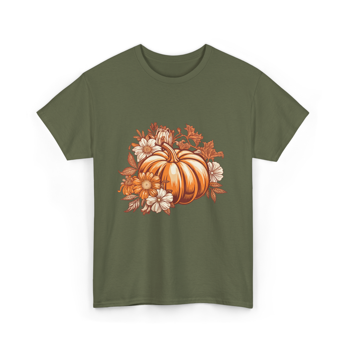 Vintage Pumpkin Floral Autumn T-Shirt - Military Green