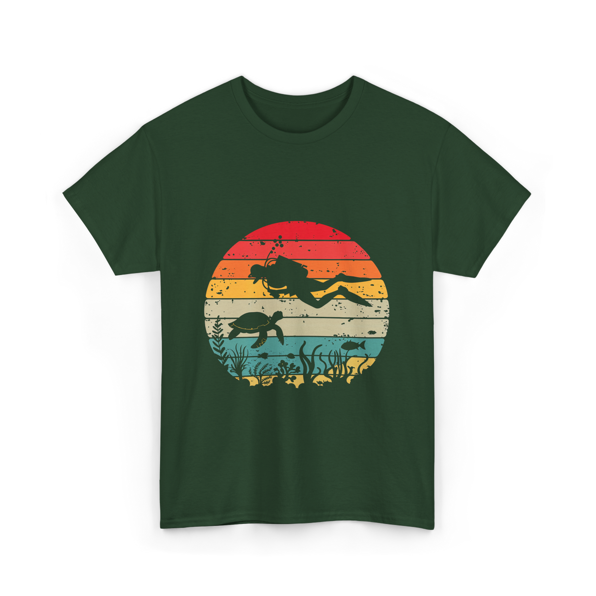Vintage Scuba Diver Diving Scene T-Shirt - Forest Green