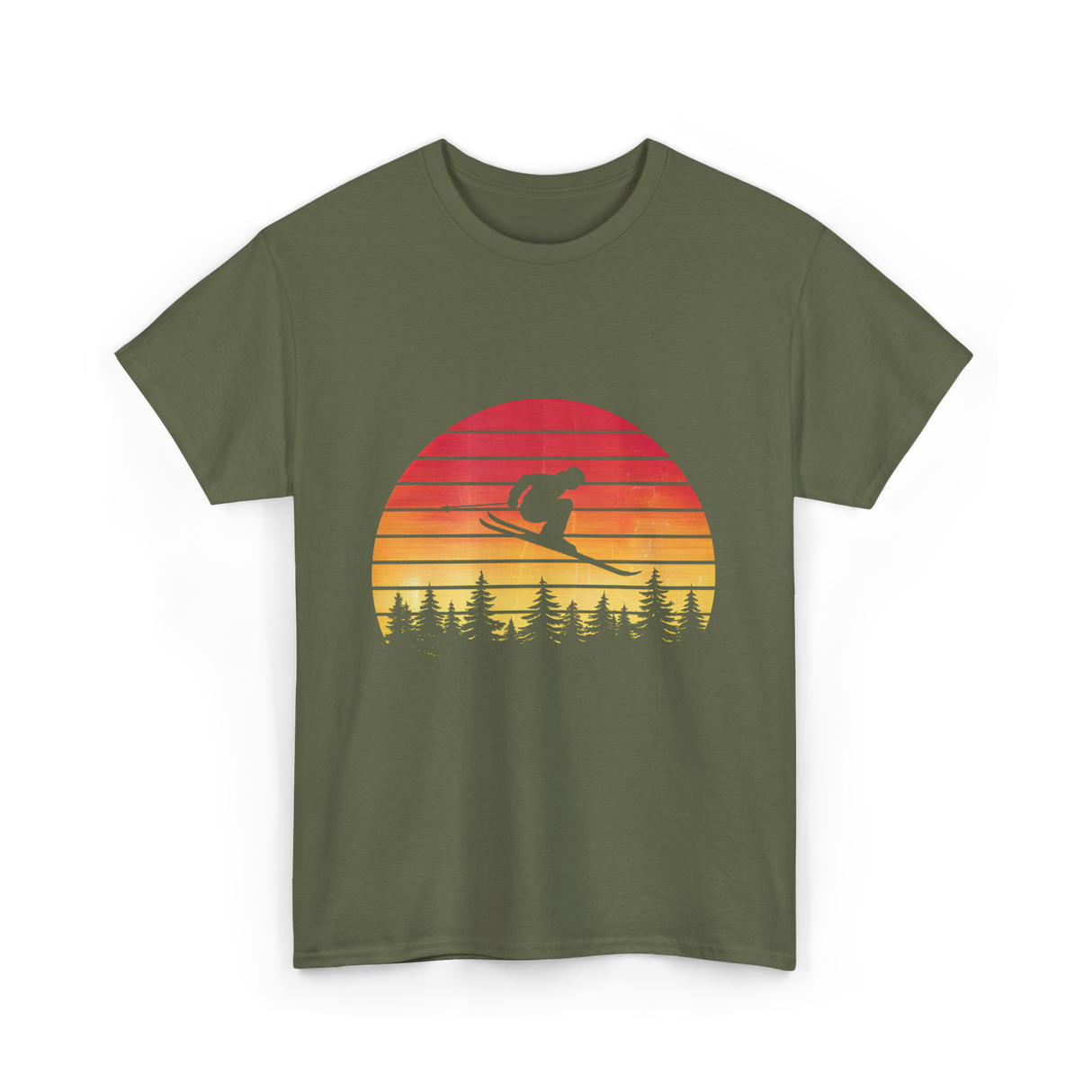 Vintage Sunset Skiing Skiers T-Shirt - Military Green