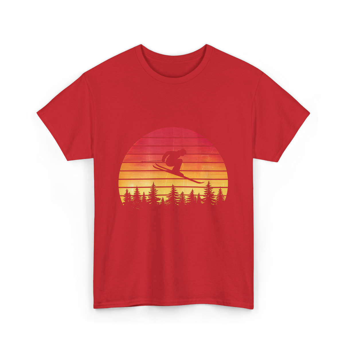 Vintage Sunset Skiing Skiers T-Shirt - Red