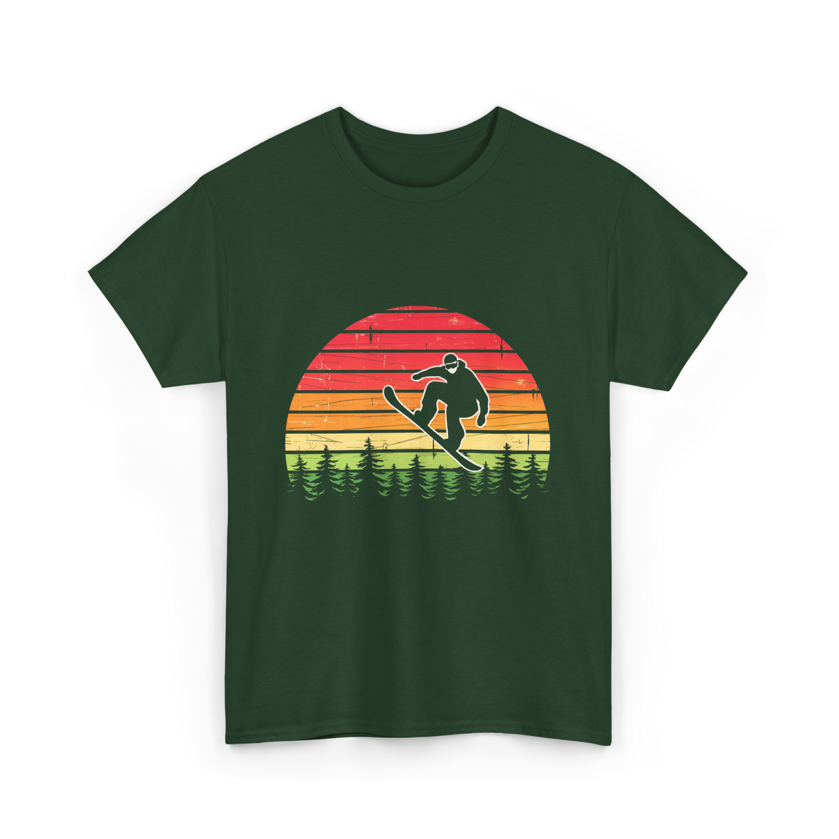 Vintage Sunset Snowboarding Snowboarder T-Shirt - Forest Green