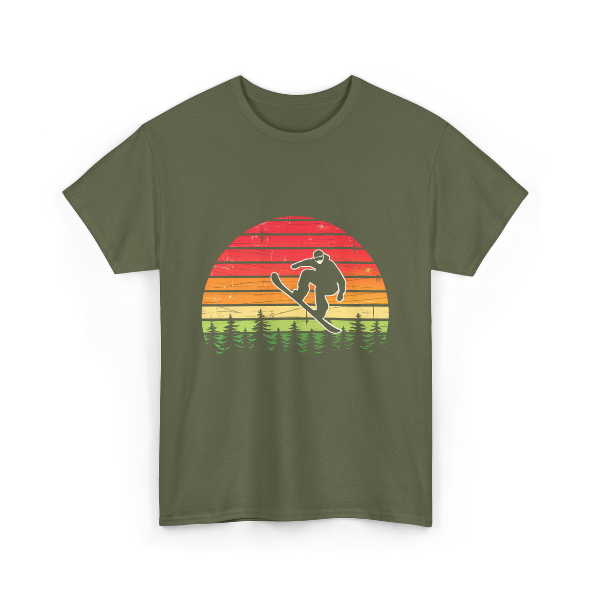 Vintage Sunset Snowboarding Snowboarder T-Shirt - Military Green