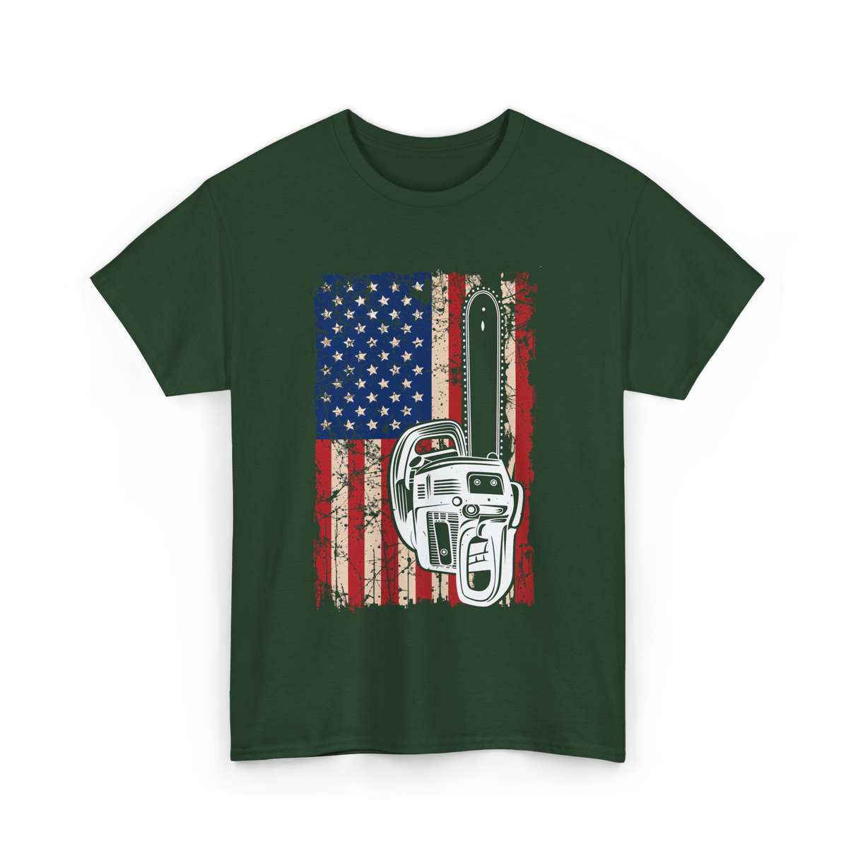 Vintage US Flag Chainsaw Logger T-Shirt - Forest Green