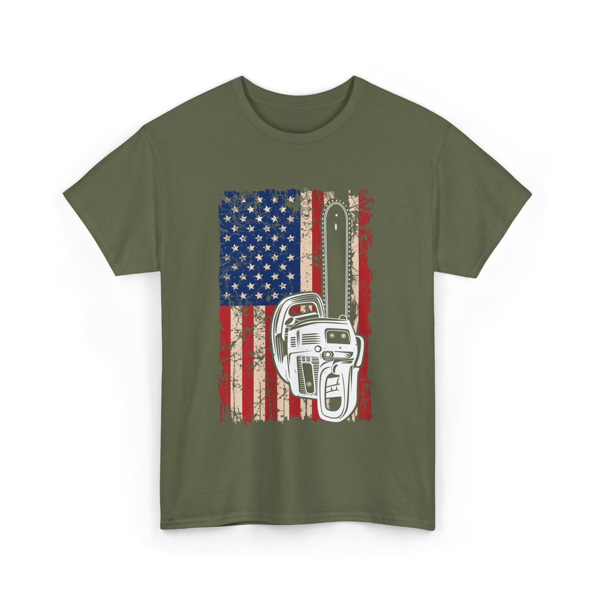 Vintage US Flag Chainsaw Logger T-Shirt - Military Green