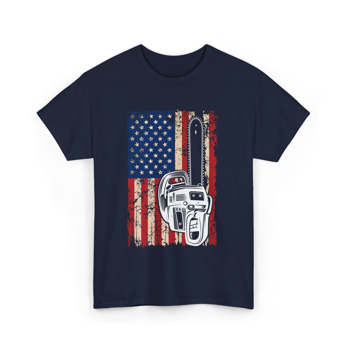 Vintage US Flag Chainsaw Logger T-Shirt - Navy