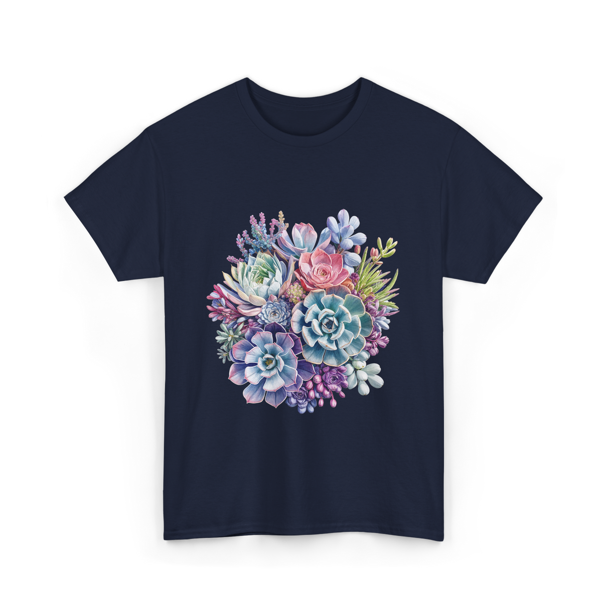 Watercolor Succulent Floral Plants Gardening T-Shirt - Navy