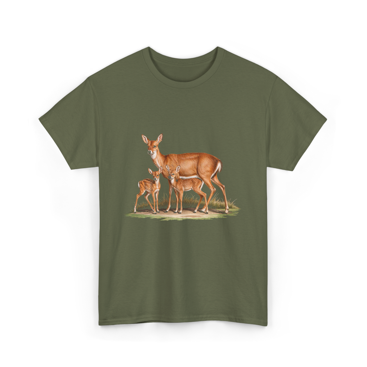 Whitetail Deer Doe Wildlife Art T-Shirt - Military Green