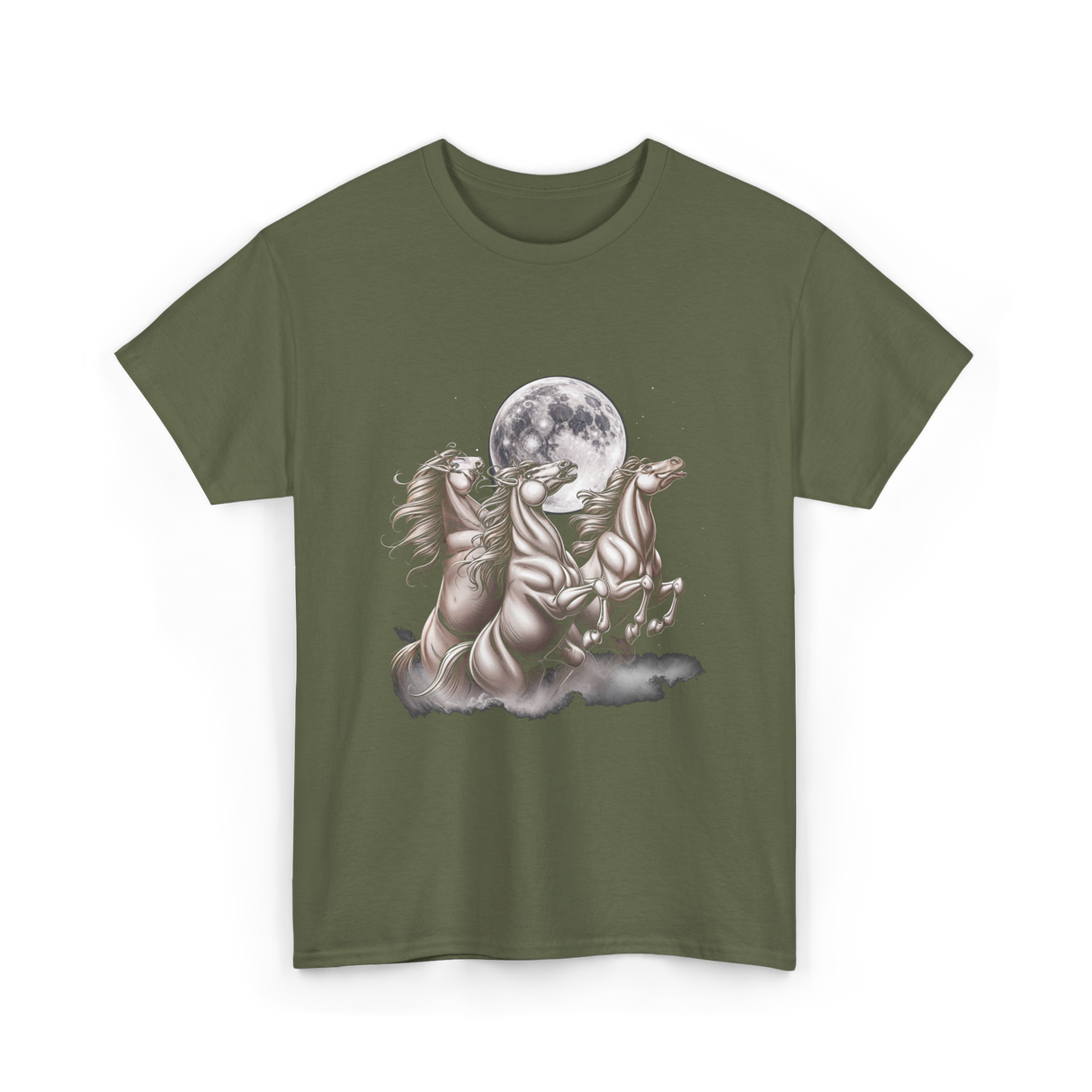 3 Horses Howling Moon Equestrian T-Shirt - Military Green