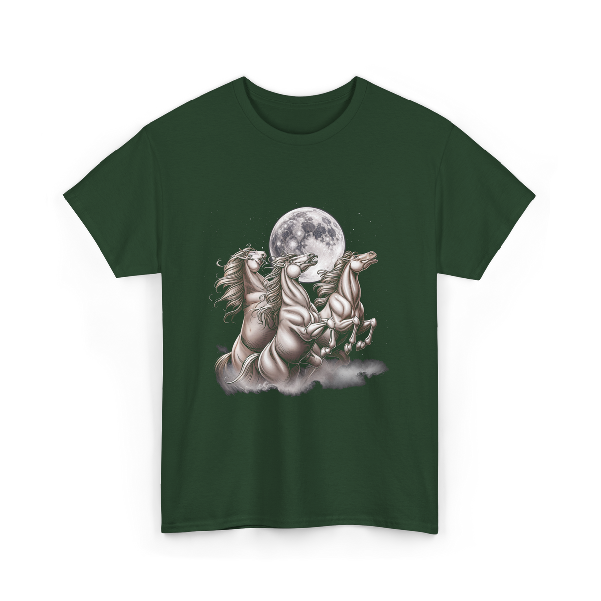 3 Horses Howling Moon Equestrian T-Shirt - Forest Green