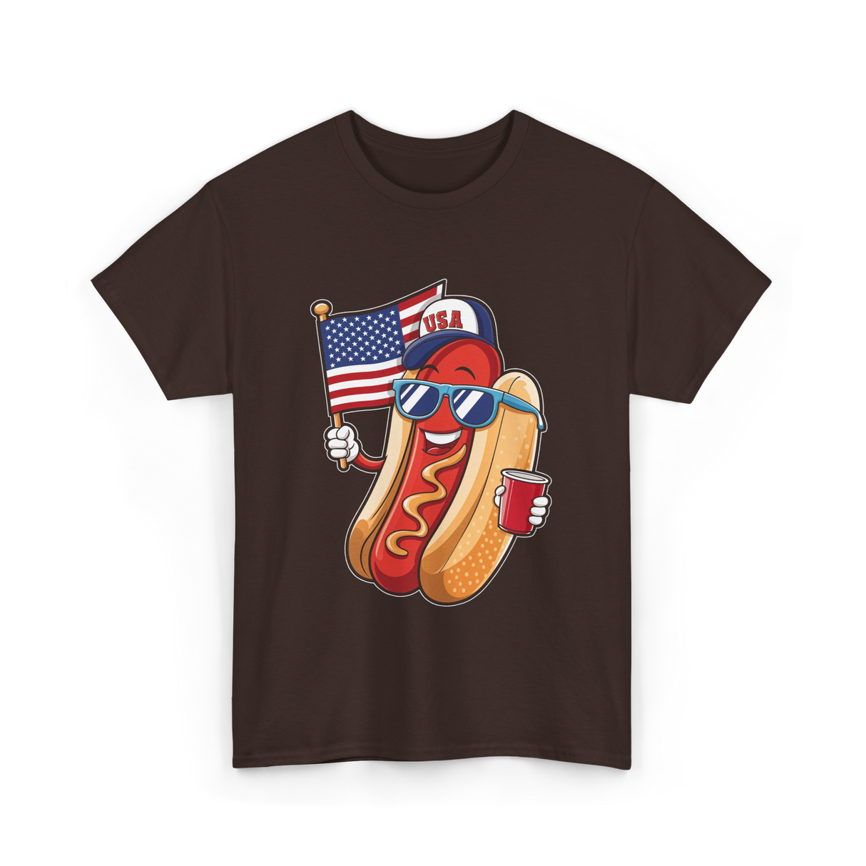 4th of July Hotdog USA Flag T-Shirt - Dark Chocolate