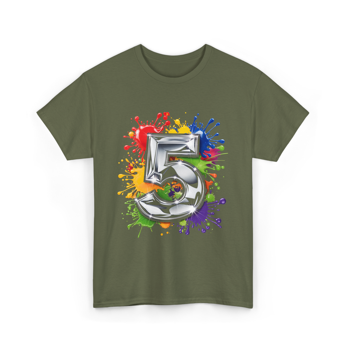 5th Birthday Colorful Splash Birthday T-Shirt - Military Green