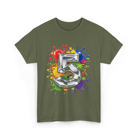 5th Birthday Colorful Splash Birthday T-Shirt - Military Green