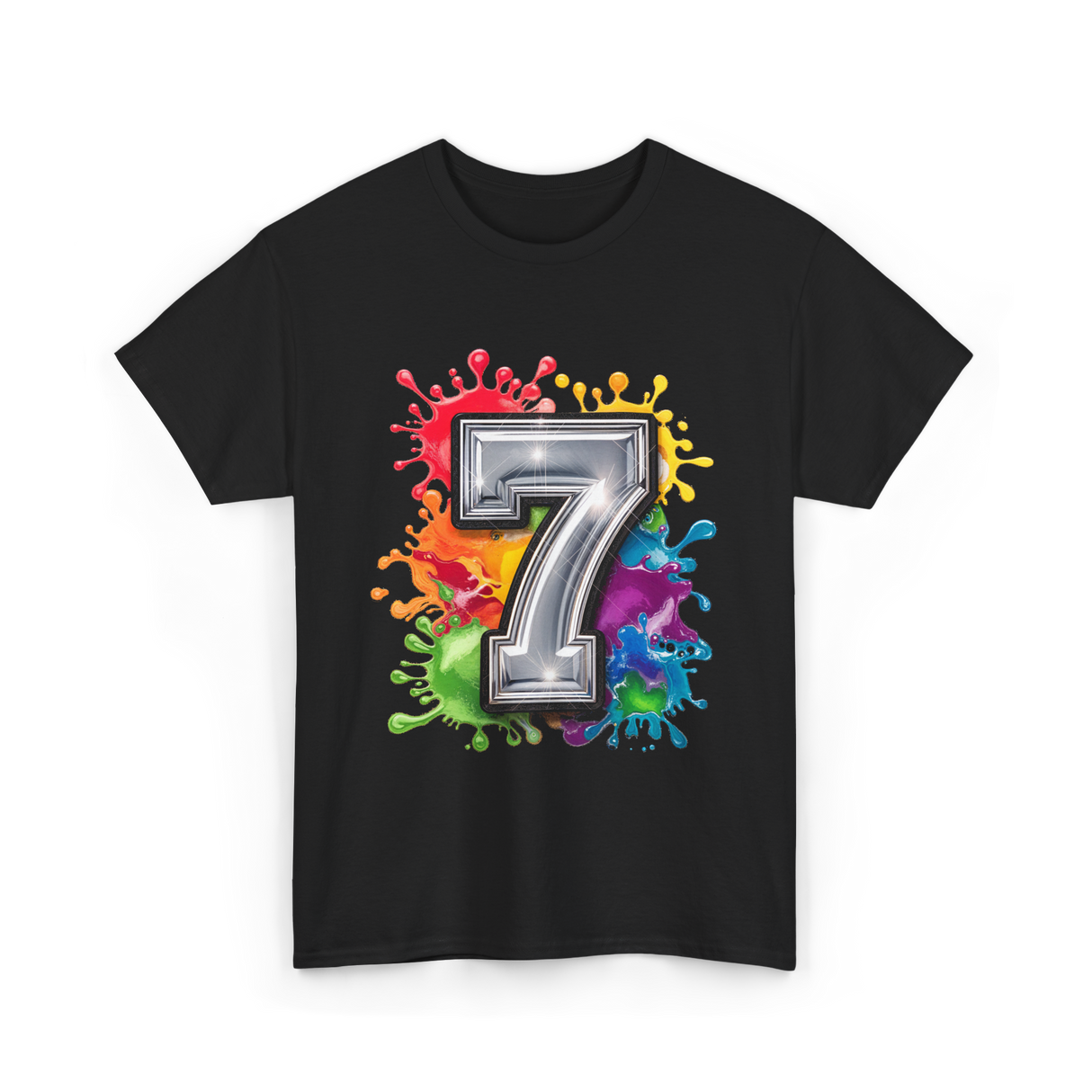 7th Birthday Colorful Splash Party T-Shirt - Black