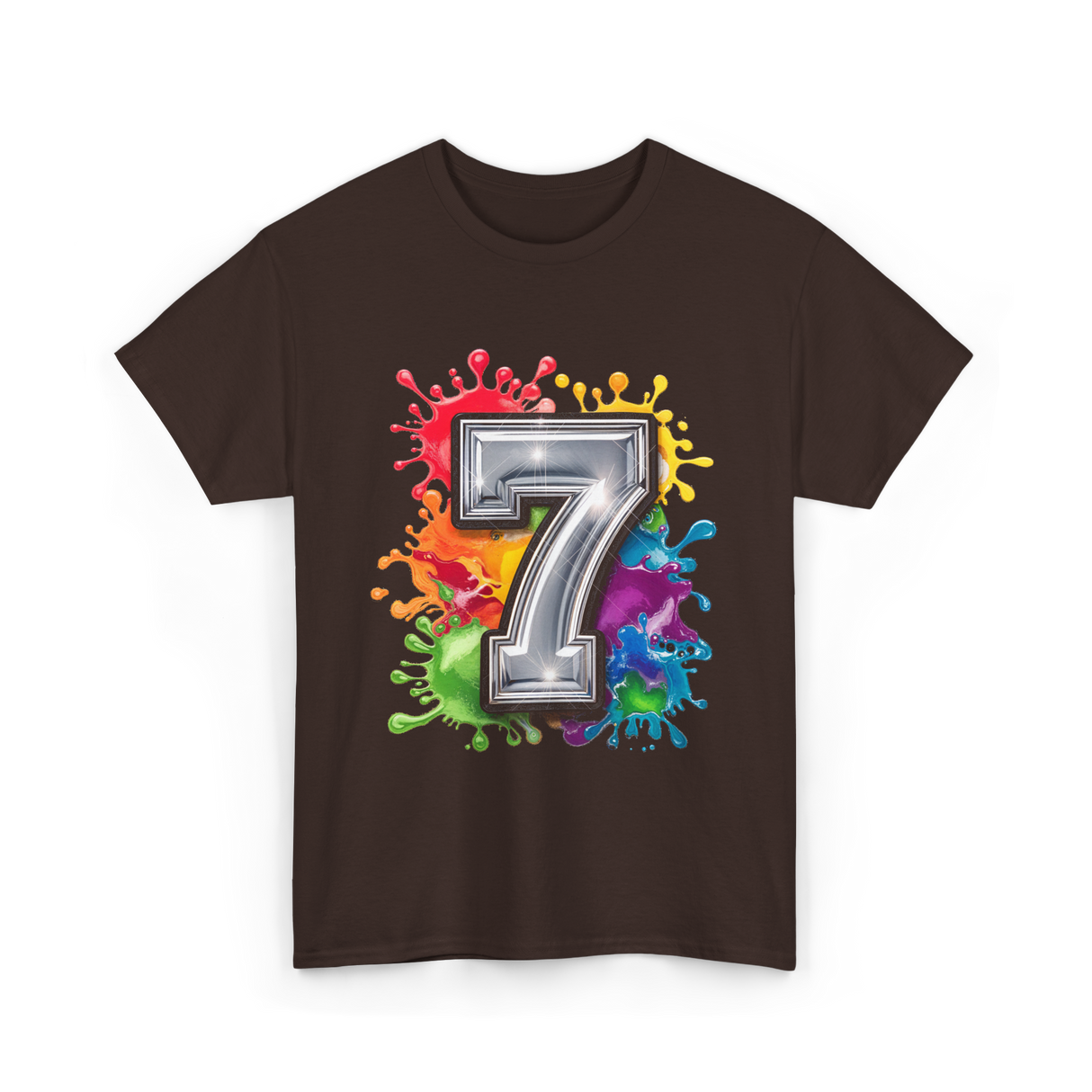 7th Birthday Colorful Splash Party T-Shirt - Dark Chocolate